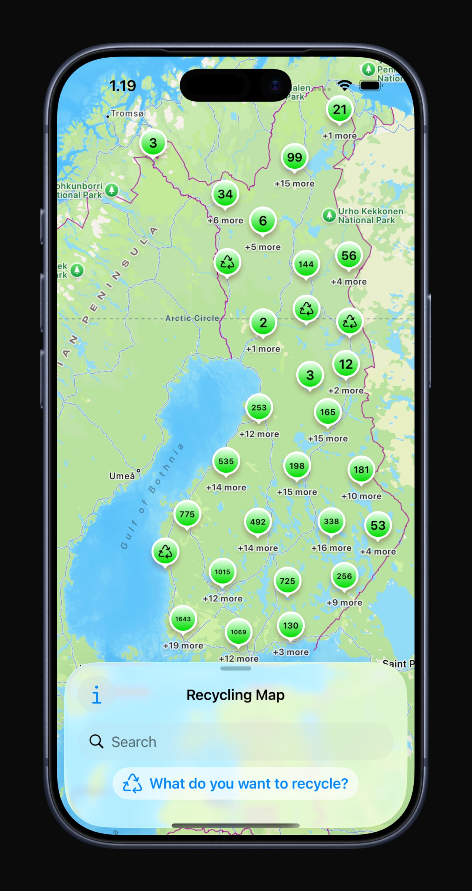 Kierrätyskartta app screenshot (dark)
